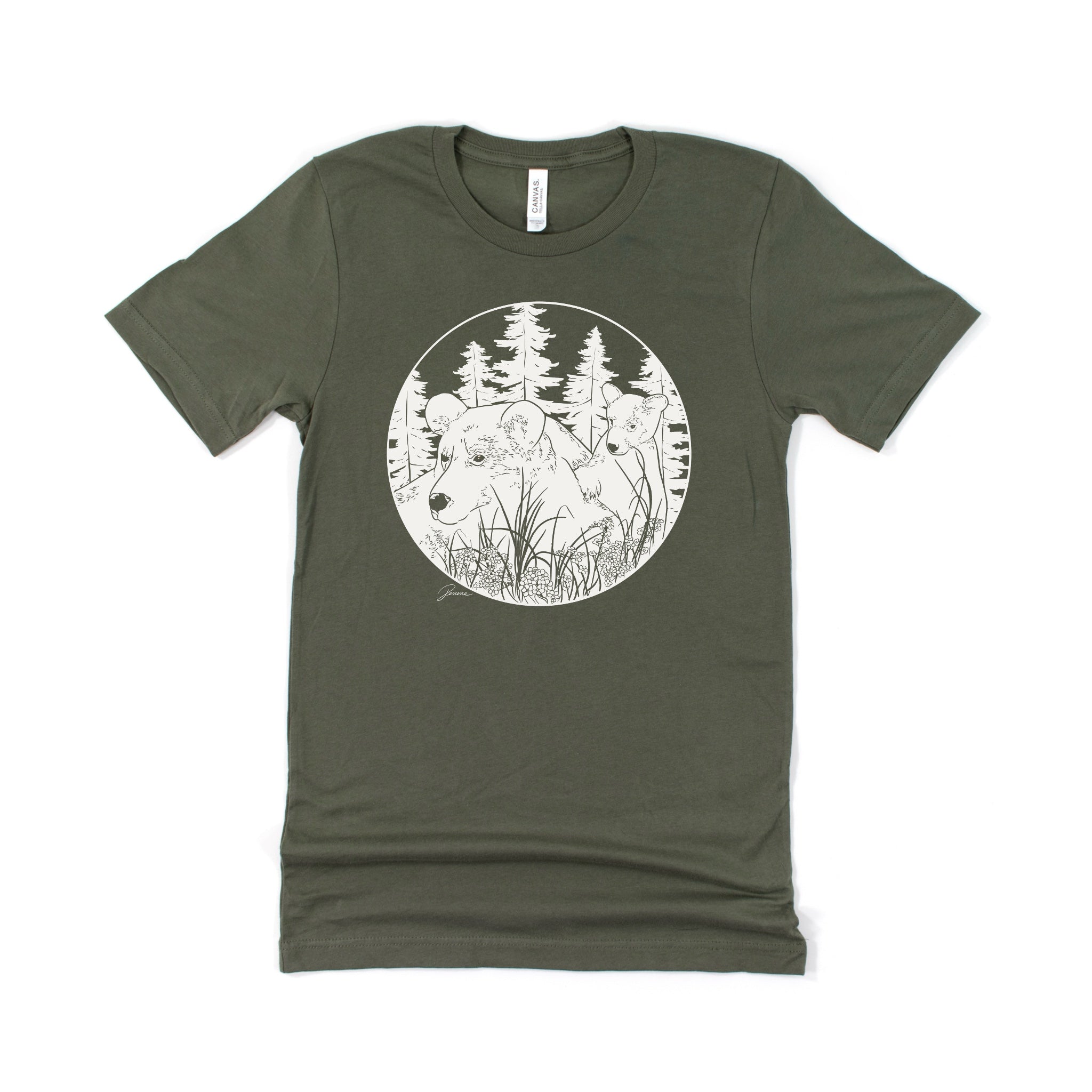 Military green colored t-shirt with my artwork of a mama bear and cub in forest. Design is done in a solid white, off white color.