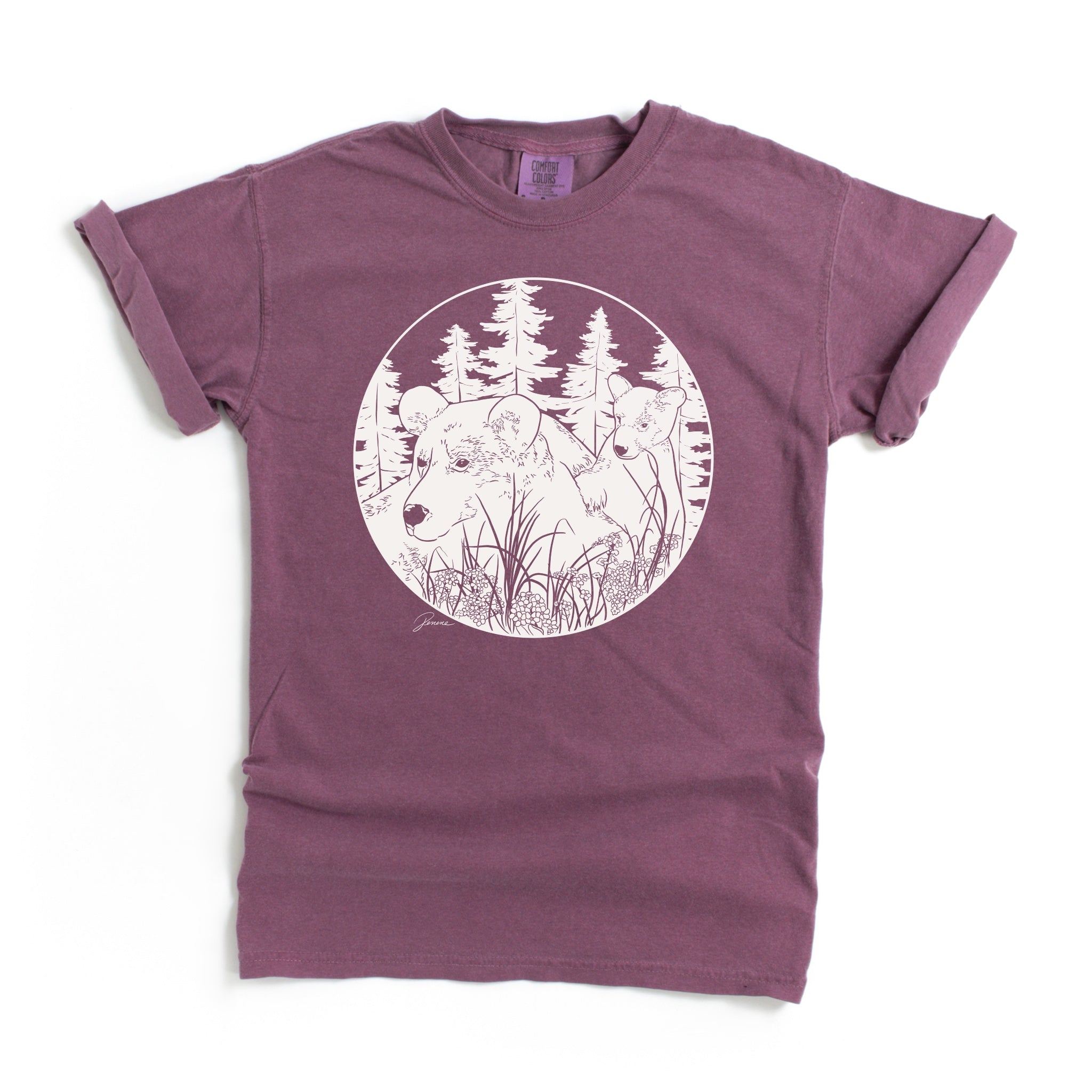 Berry colored t-shirt with my artwork of a mama bear and cub in forest. Design is done in a solid white, off white color.