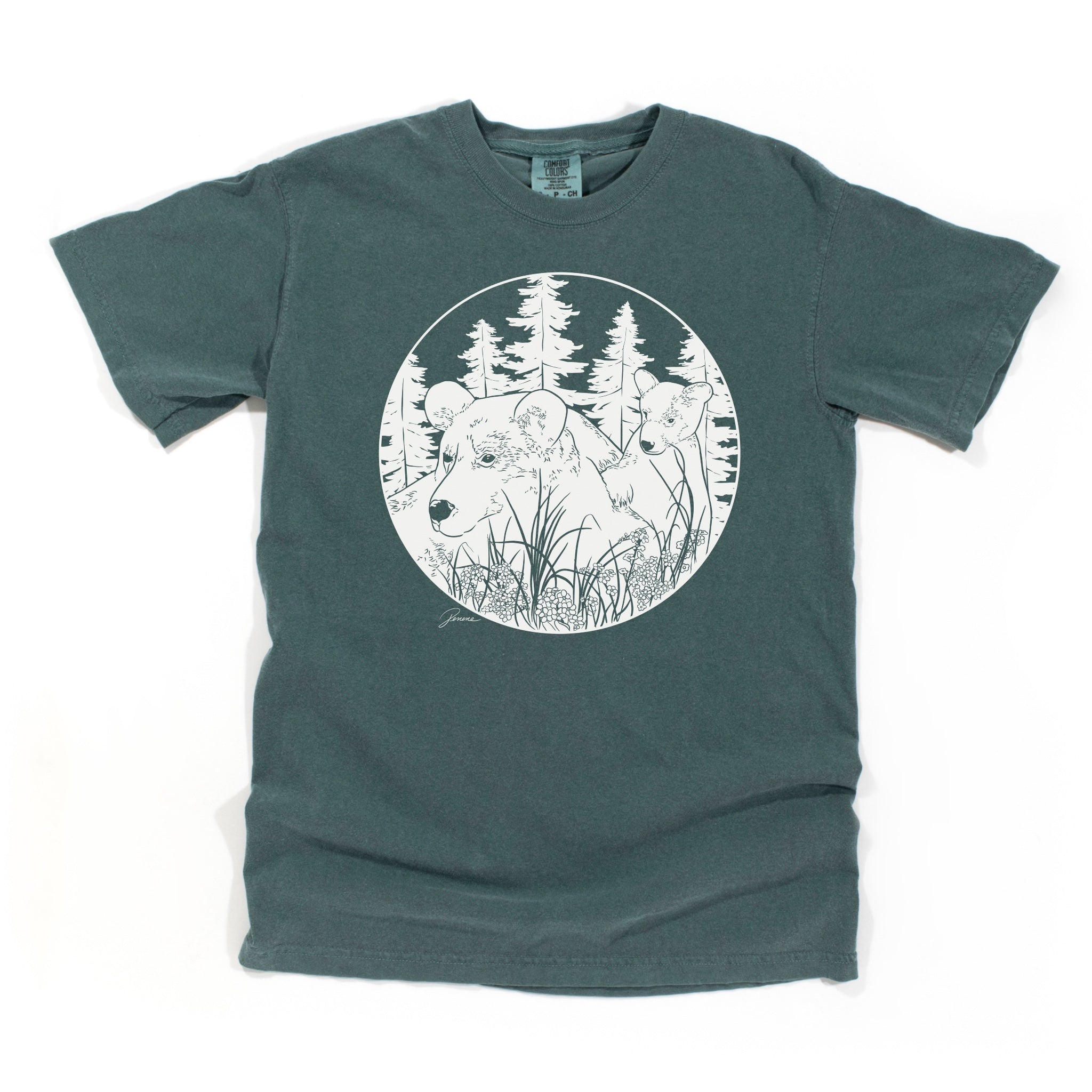 Blue spruce colored t-shirt with my artwork of a mama bear and cub in forest. Design is done in a solid white, off white color.