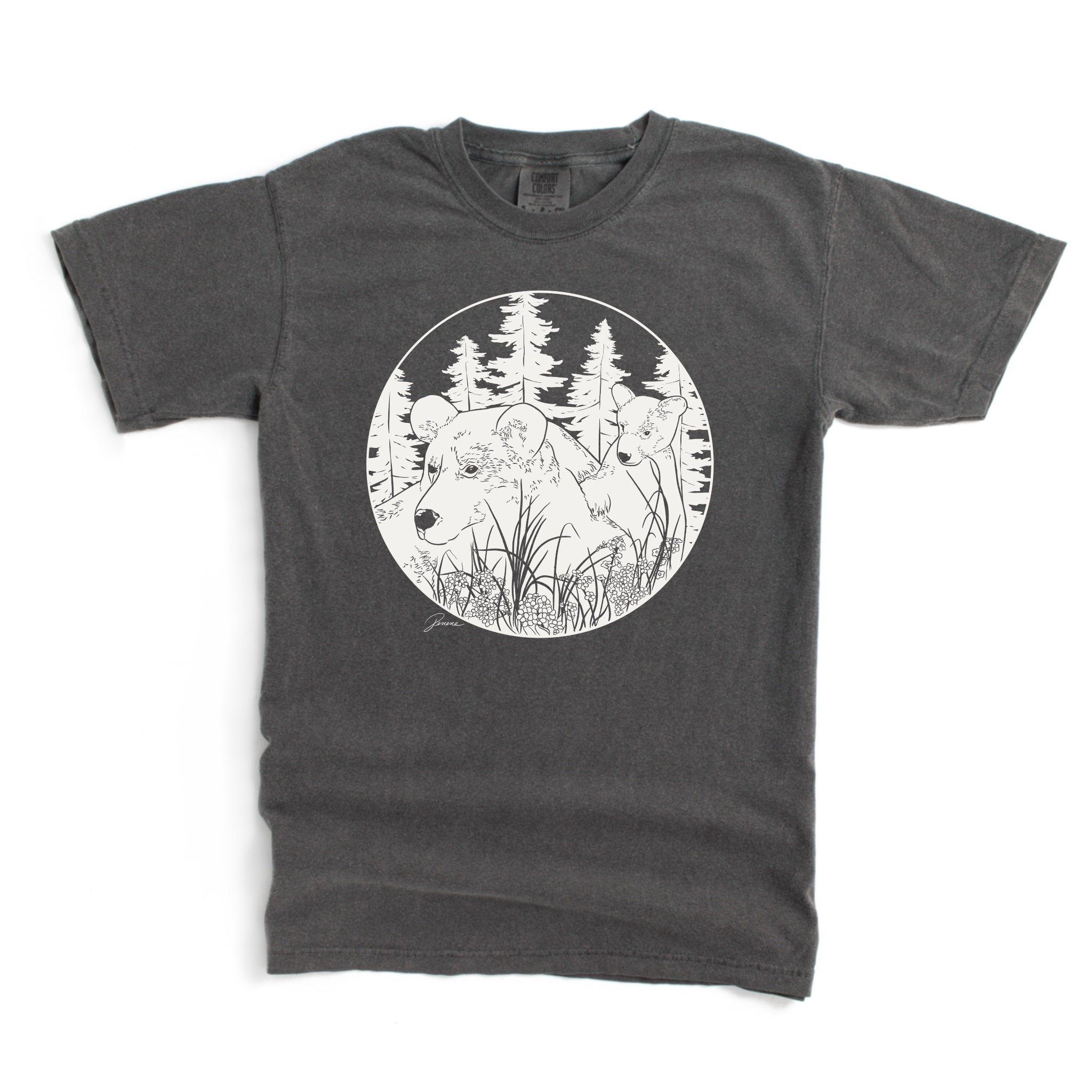 Pepper (dark gray) colored t-shirt with my artwork of a mama bear and cub in forest. Design is done in a solid white, off white color.