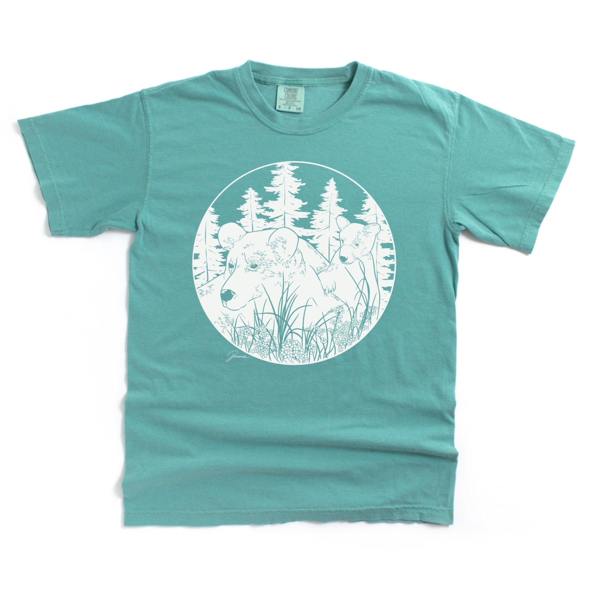 Seafoam colored t-shirt with my artwork of a mama bear and cub in forest. Design is done in a solid white, off white color.