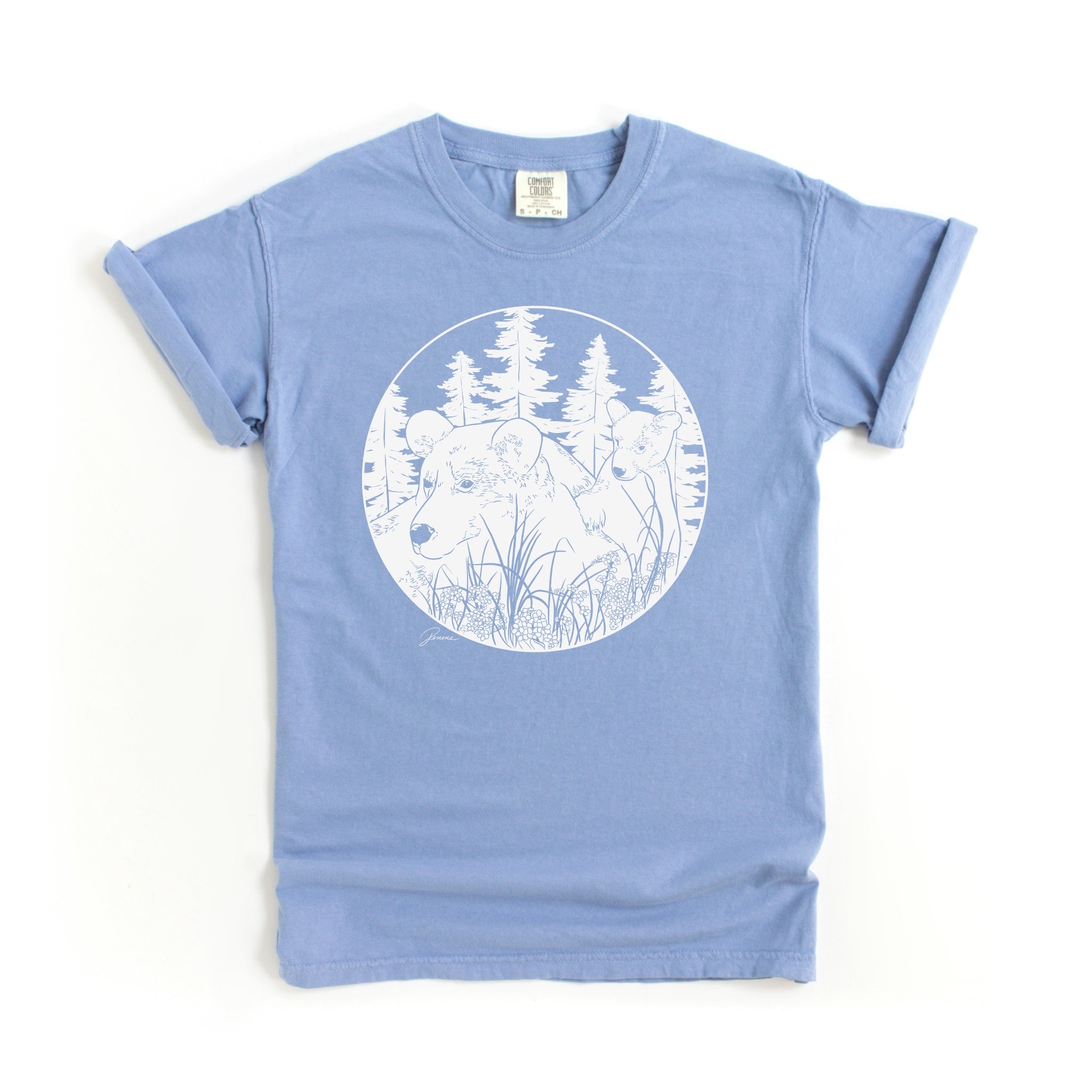 Washed denim colored t-shirt with my artwork of a mama bear and cub in forest. Design is done in a solid white, off white color.