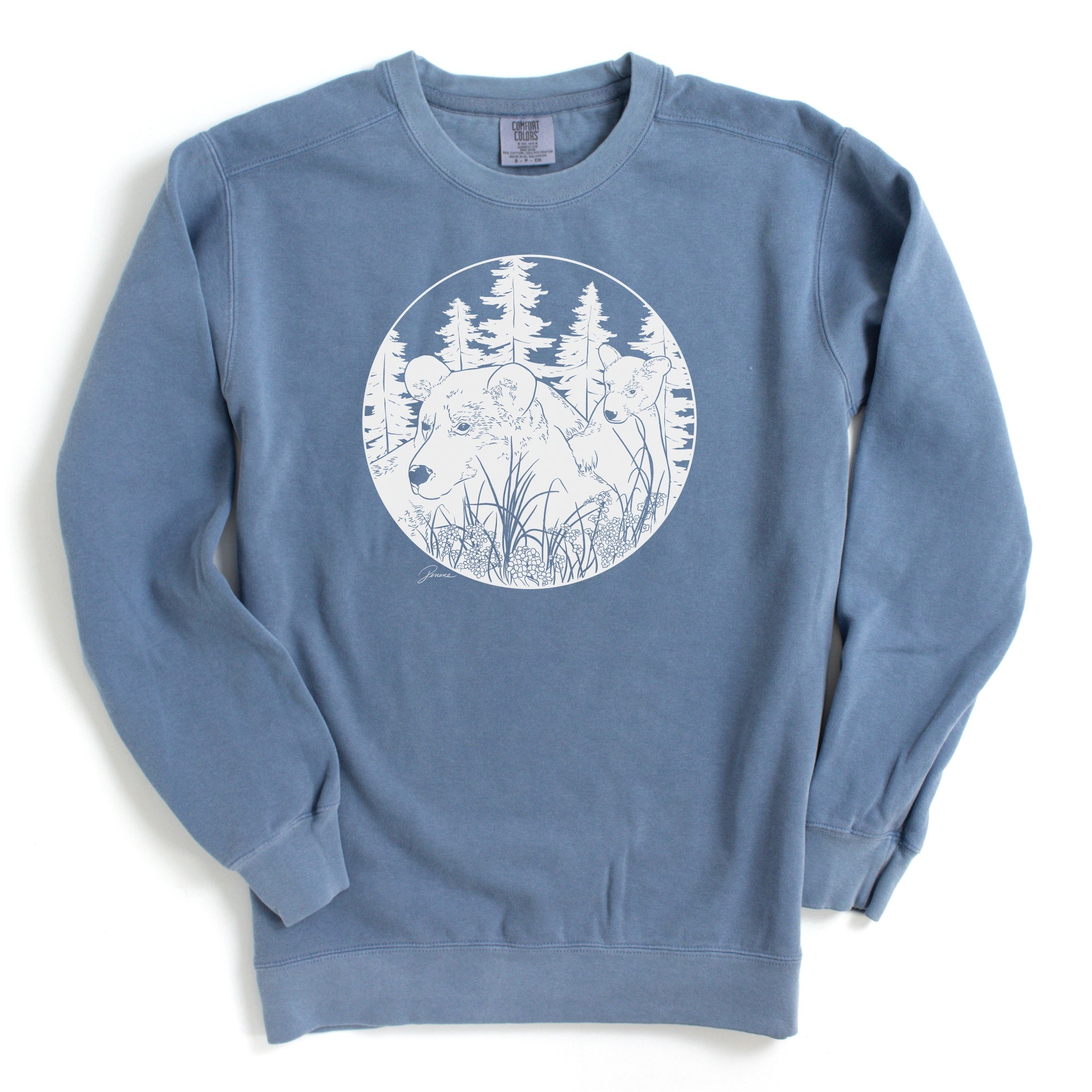 Blue jean colored sweatshirt with my artwork of a mama bear and cub in forest. Design is done in a solid white, off white color.
