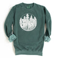 Blue spruce colored sweatshirt with my artwork of a mama bear and cub in forest. Design is done in a solid white, off white color.