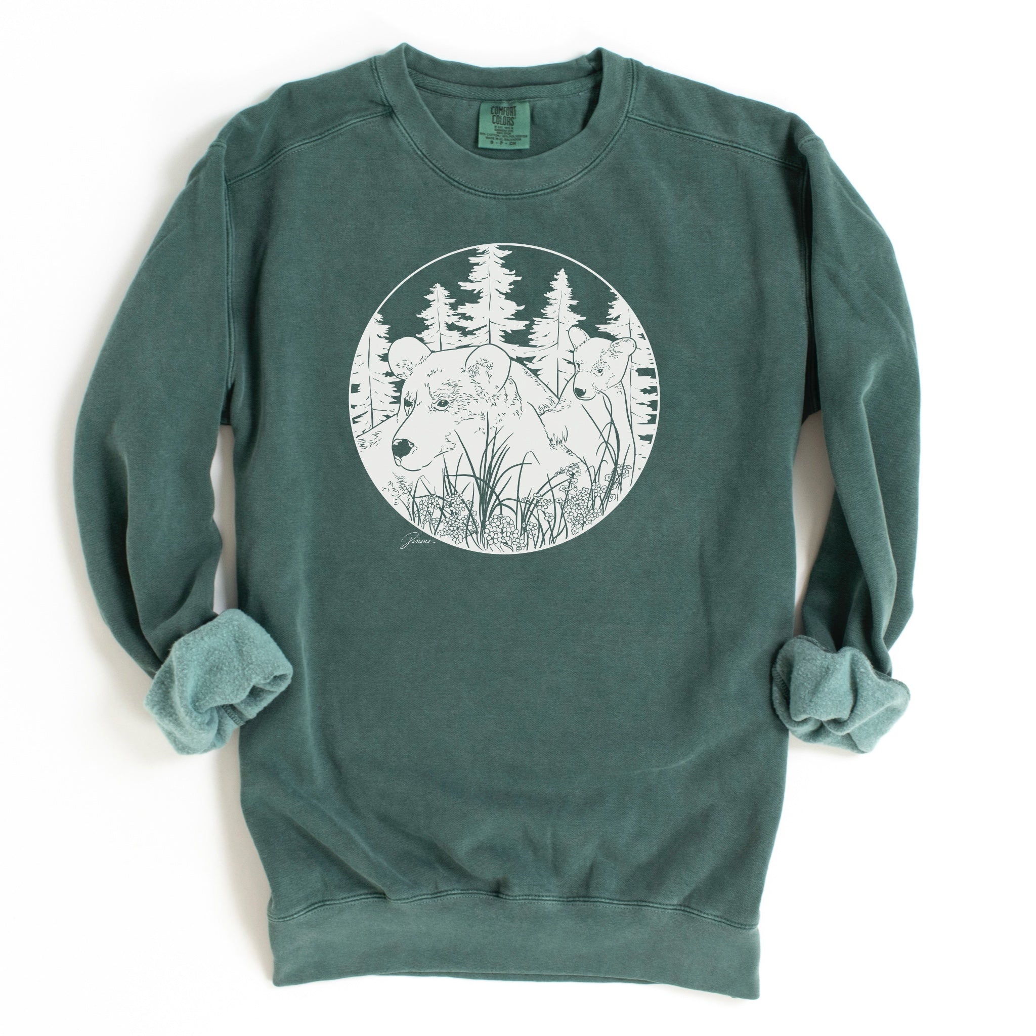 Blue spruce colored sweatshirt with my artwork of a mama bear and cub in forest. Design is done in a solid white, off white color.