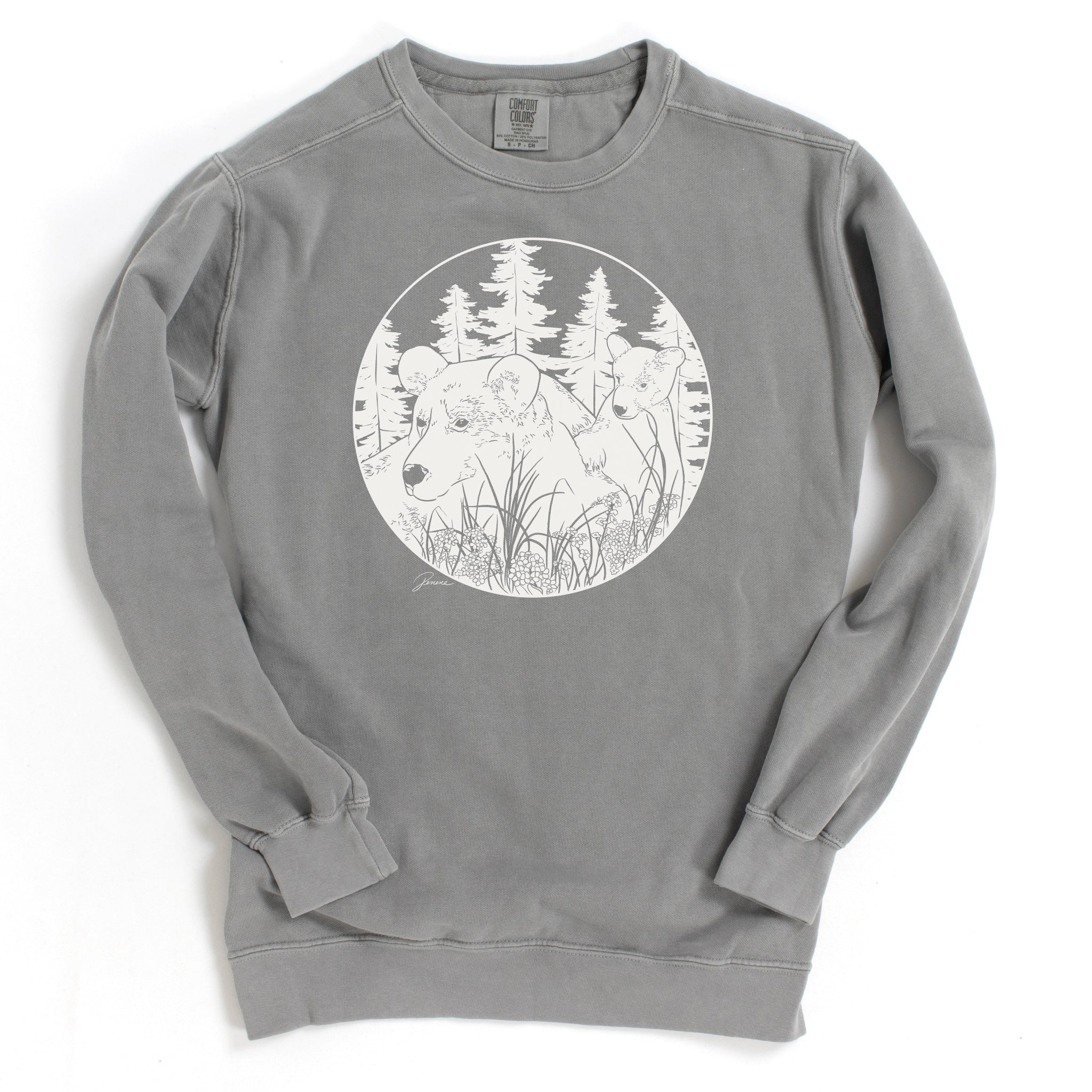Gray colored sweatshirt with my artwork of a mama bear and cub in forest. Design is done in a solid white, off white color.
