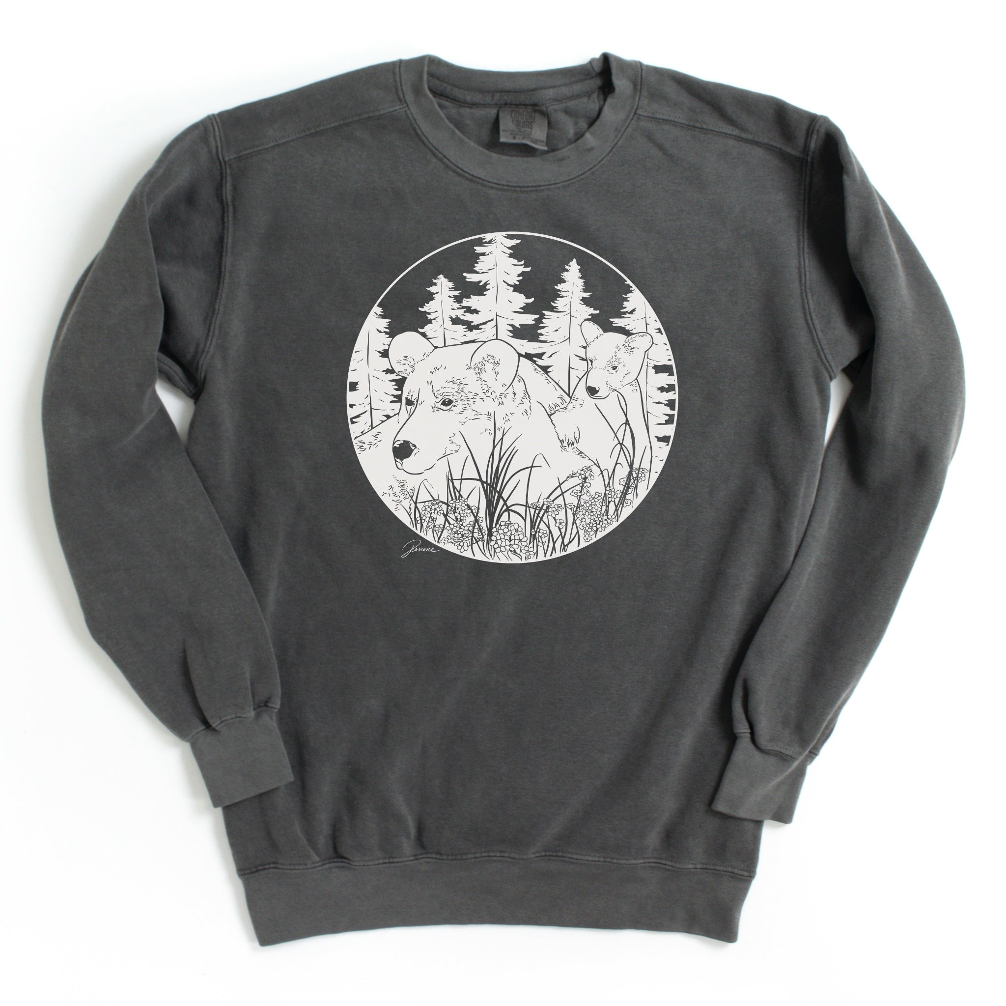 Pepper (dark gray) colored sweatshirt with my artwork of a mama bear and cub in forest. Design is done in a solid white, off white color.