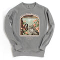 Grey colored sweatshirt with my artwork of  an owl in a rose garden. Text featuring Psalm 91 added to design. 