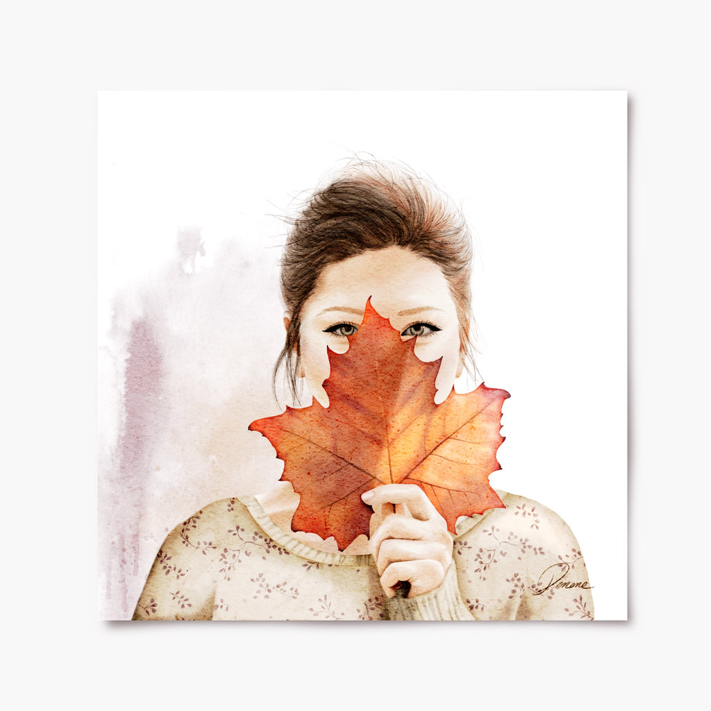 A fine art print of a woman holding an autumn leaf, with a watercolor texture on a white background.