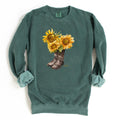 Blue spruce colored sweatshirt with my artwork featuring cowboy boots and sunflowers.