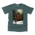 Blue spruce colored t-shirt with my artwork of a cabin and deer with 'Silent Night' text added to the design. 