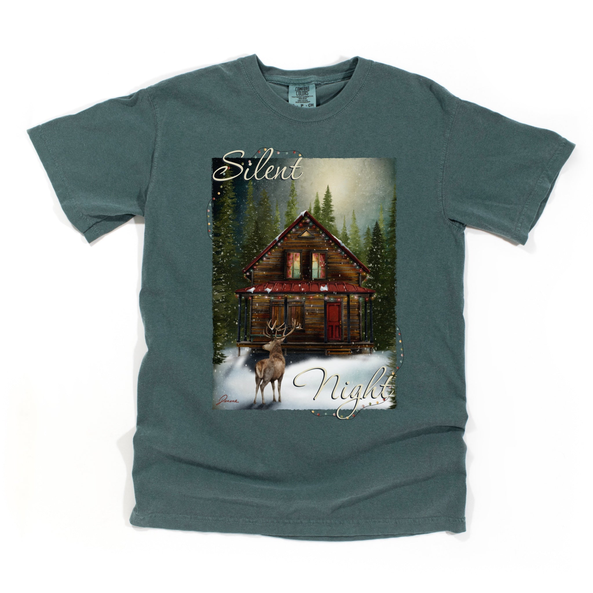 Blue spruce colored t-shirt with my artwork of a cabin and deer with 'Silent Night' text added to the design. 