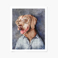 Art print of a dog wearing glasses and a plaid shirt on a textured gray background
