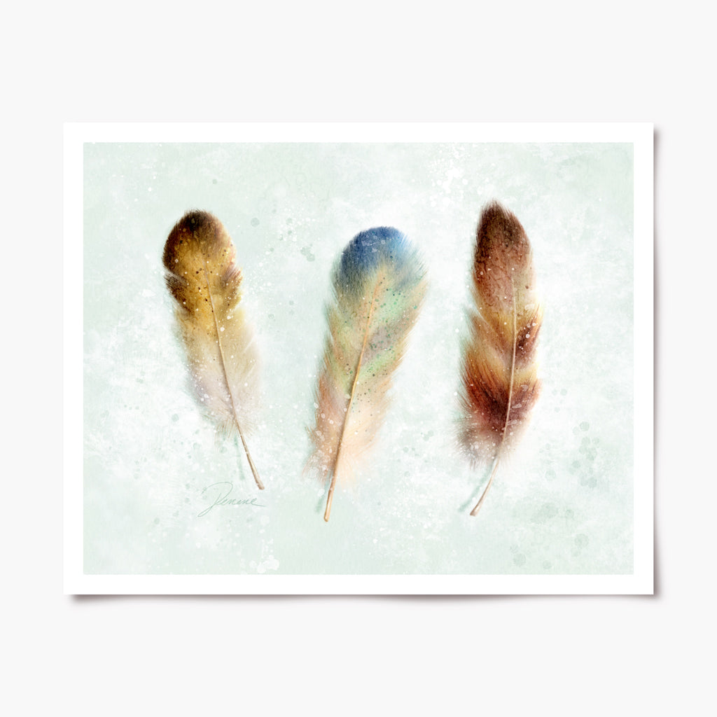 Art print of three Feathers on a watercolor textured background